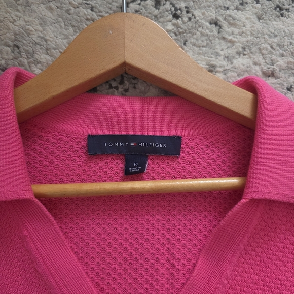 Tommy Hilfiger Waffleknit Sweater Vneck Collared Womens M Cotton Pink - Picture 2 of 8